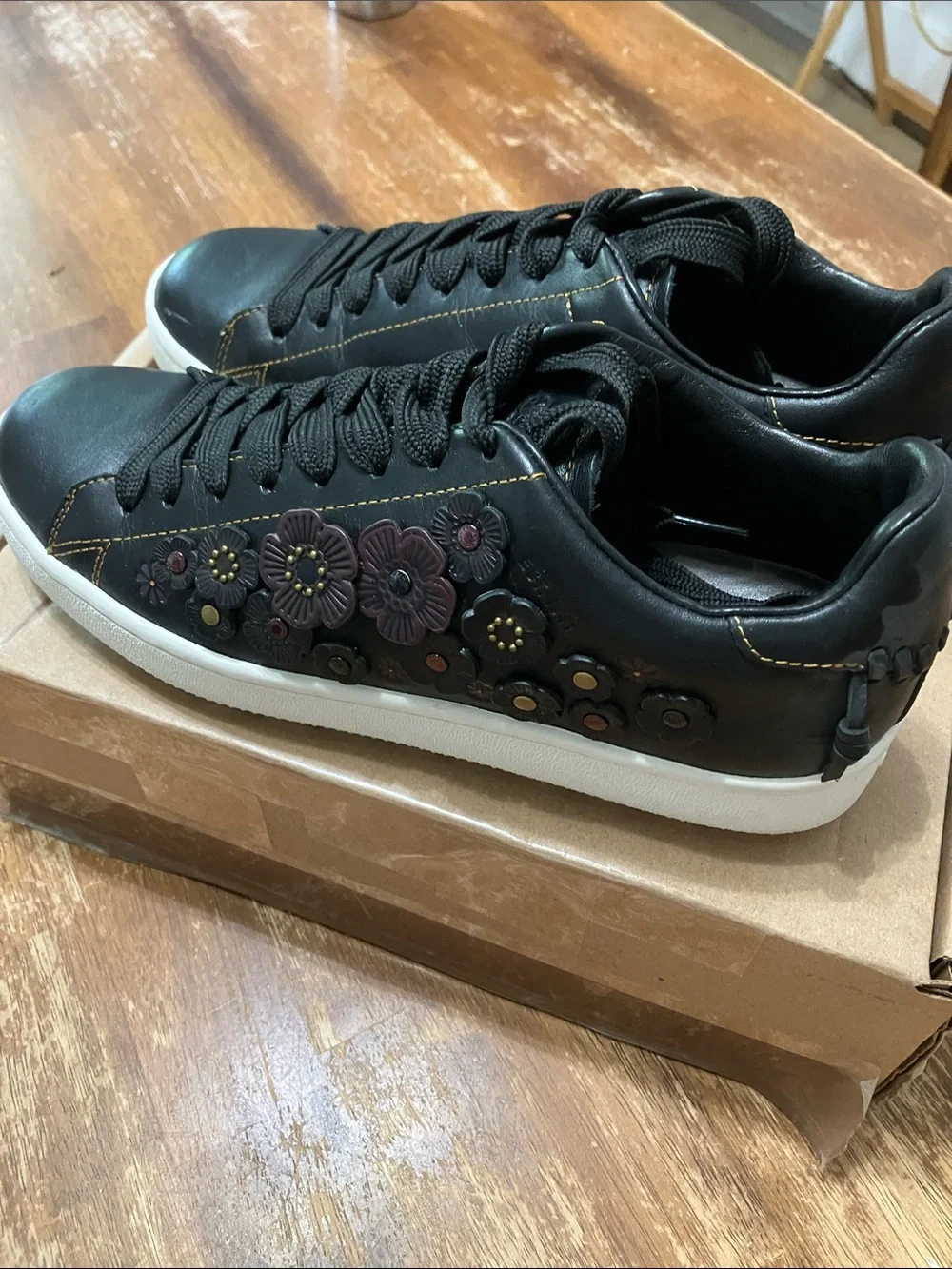 Coach Black Leather Low-Top Sneakers with Tea Rose Floral Appliqué